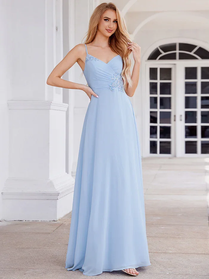 

Ever Pretty Woman's Elegant V-Neck A-Line Waist Embroidery Applique Sleeveless Cross Back Chiffon Bridesmaid Dress