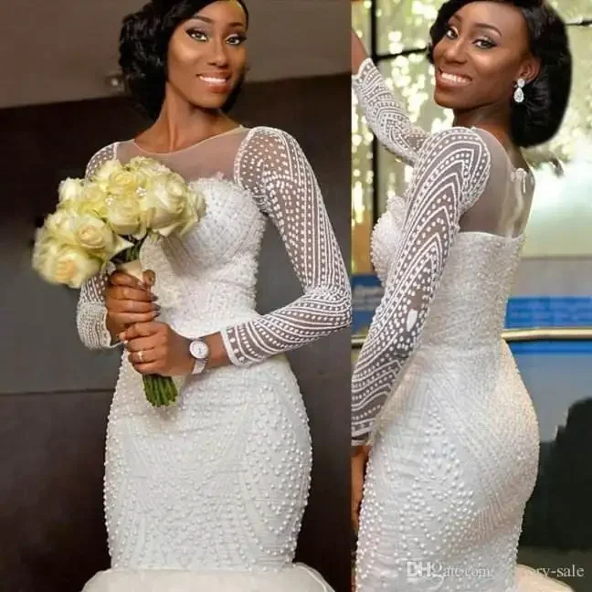 Customized Full Decorations High Quality Lace Mermaid Trumpet African White Ivory Long Sleeve Wedding Gowns 2025