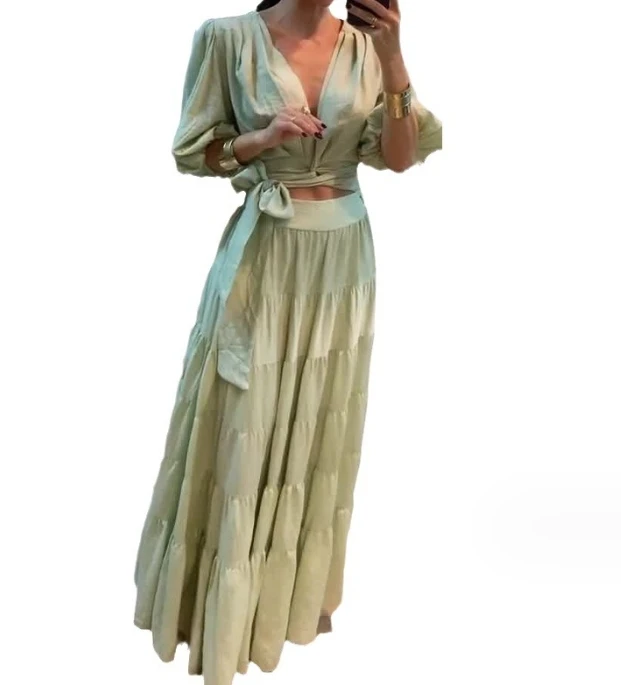 2024 Summer New Casual Elegant and Fashionable Solid Color Low cut Lace up Design Open Waist Skirt Set