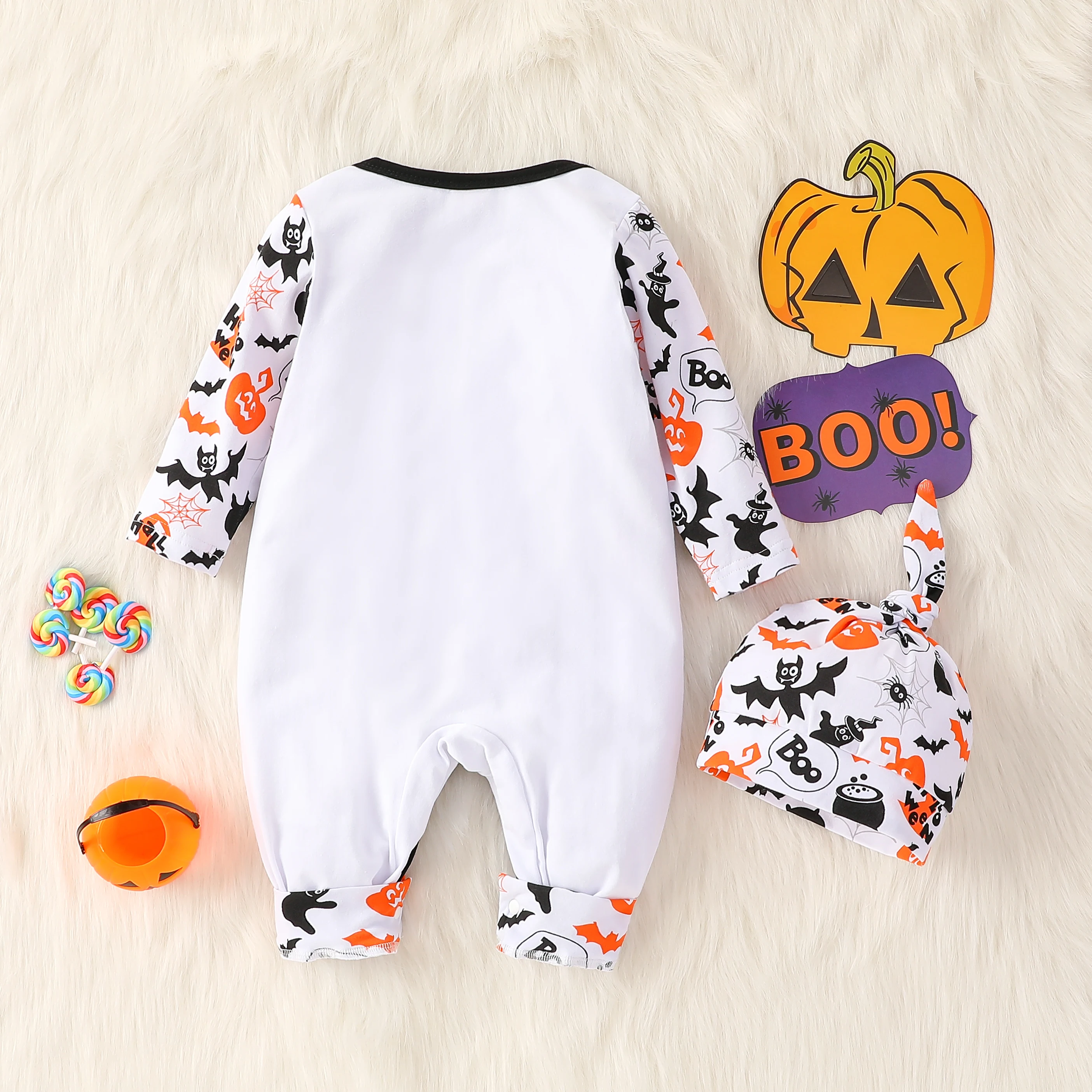 Baby Autumn unisex Cotton Long Sleeve Print Pumpkin&Letter For Halloween Day Jumpsuit