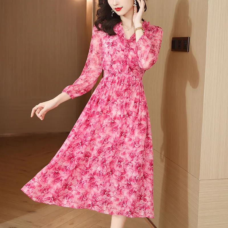 Spring/Summer 2023 New Slim Fit Pink Silk Ruffle Skirt V-Neck Long Sleeve Dress Ladies Chiffon Print Slim Knee Length Dress