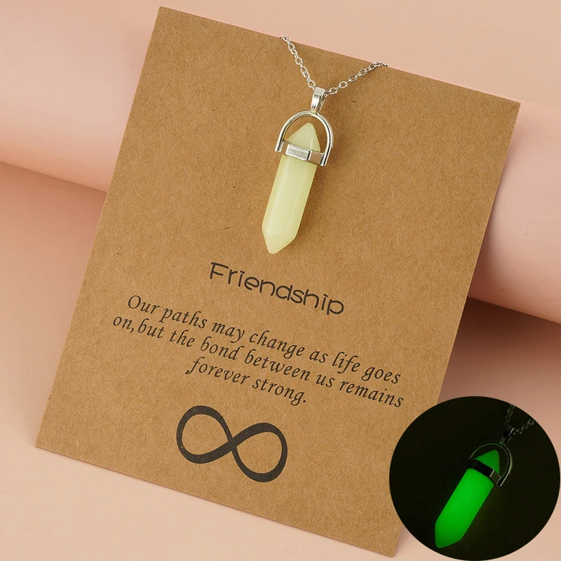 Luminous Natural Stone Bullet Pendant Necklace Dainty Hexagonal Prism Shaped Glowing In Dark Jewelry For Women Ladies