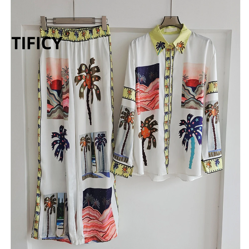 

High Street 2pcs Set Women's Light Luxury Coconut Tree Positioning Print Two-piece Set Long Sleeved Shirt+pants Fashionable Set