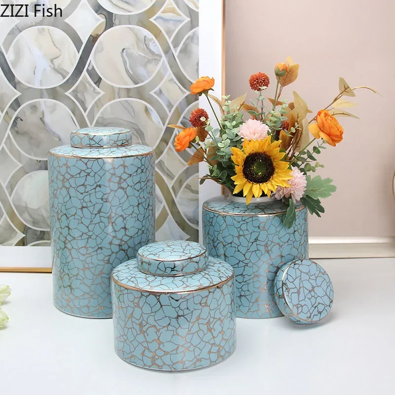 

Gold Plated Cracked Texture Storage Jar with Lids Desk Decoration Imitation Marble Ceramic Jewelry Jars Cosmetic Containers