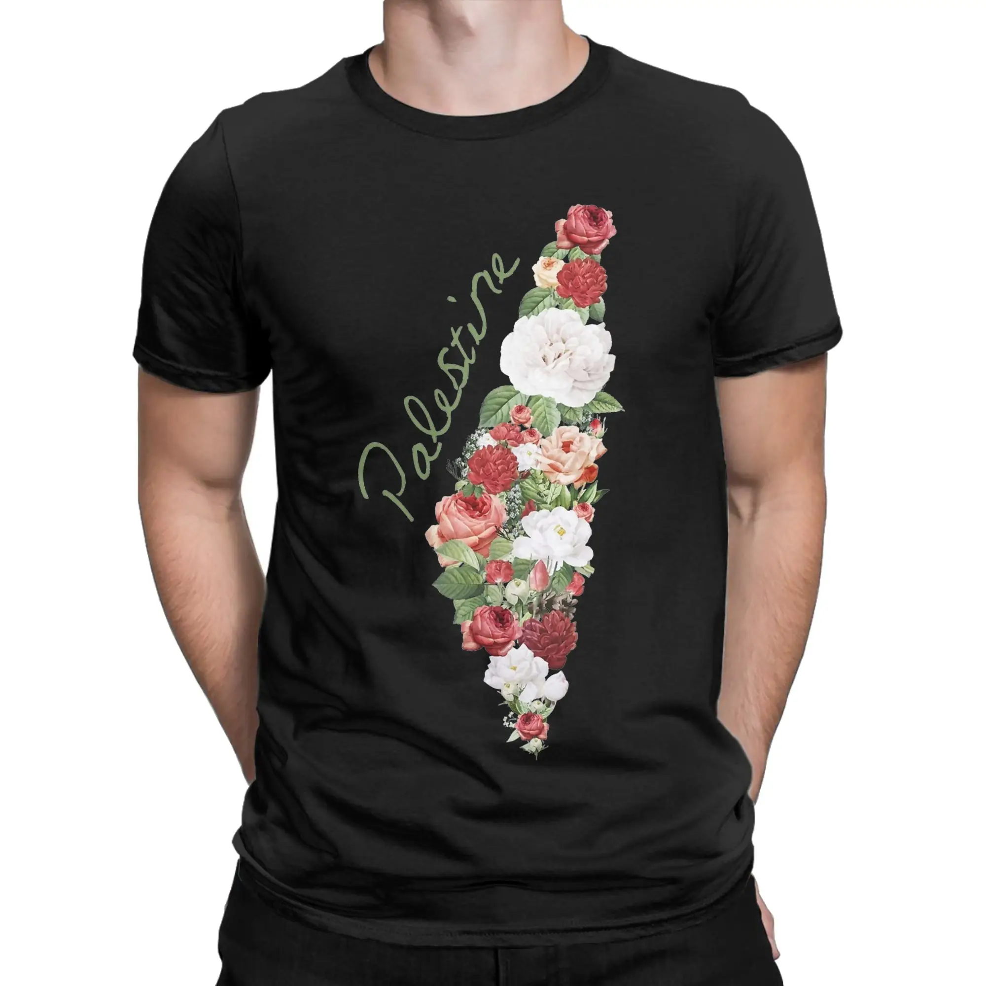 Palestinian Palestine Flower T-Shirts Men  Casual Cotton Tee Shirt Crewneck Short Sleeve T Shirts Graphic Clothing