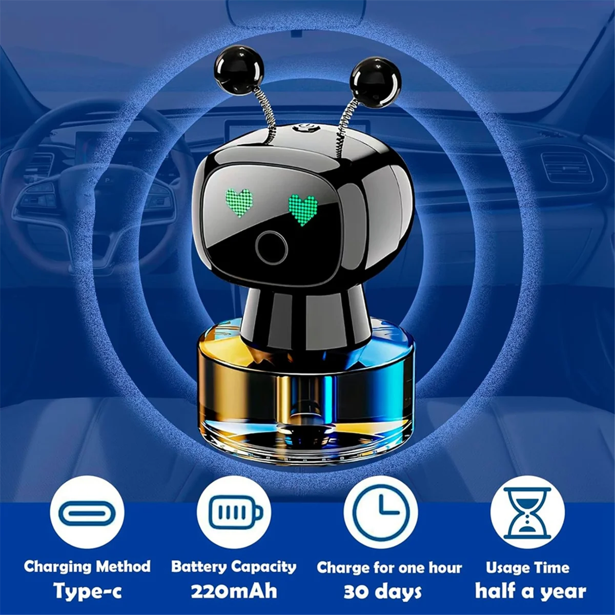 Smart Fashion Cute Robot Car Purificatore d'aria Ornamenti per auto Home Office Macchina per aromaterapia