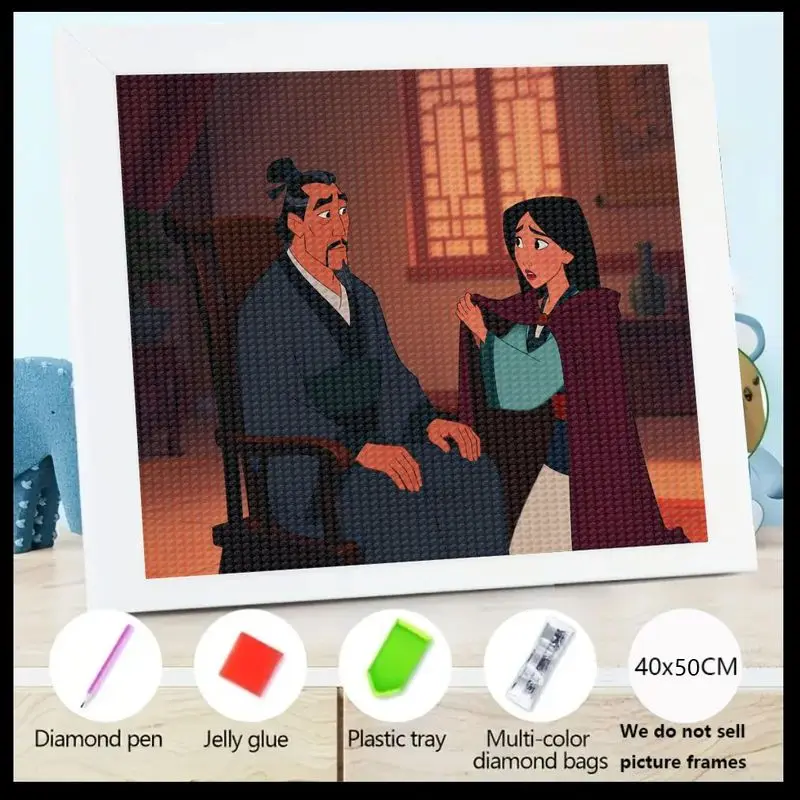 

1PC Mulan & Father Diamond Painting Kit, 5D Full Drill Cartoon Movie Scene Gem Art Set, DIY Crystal Craft for Adults Kids Beginn