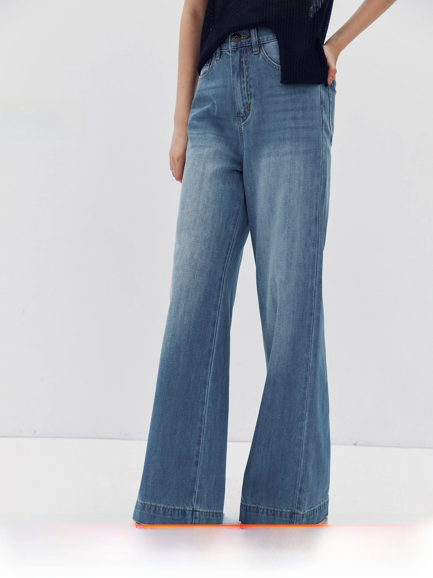 

Deep Blue Distressed High Waist Straight Leg Cotton Loose Floor-Length Women's Jeans Casual Wide Leg Pants Wear Resistant