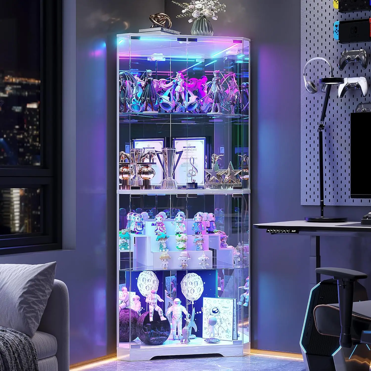 

Corner Display Cabinet with Glass Doors, 64.7' Tall Curio Cabinet with RGB Lights for Collectibles, 4