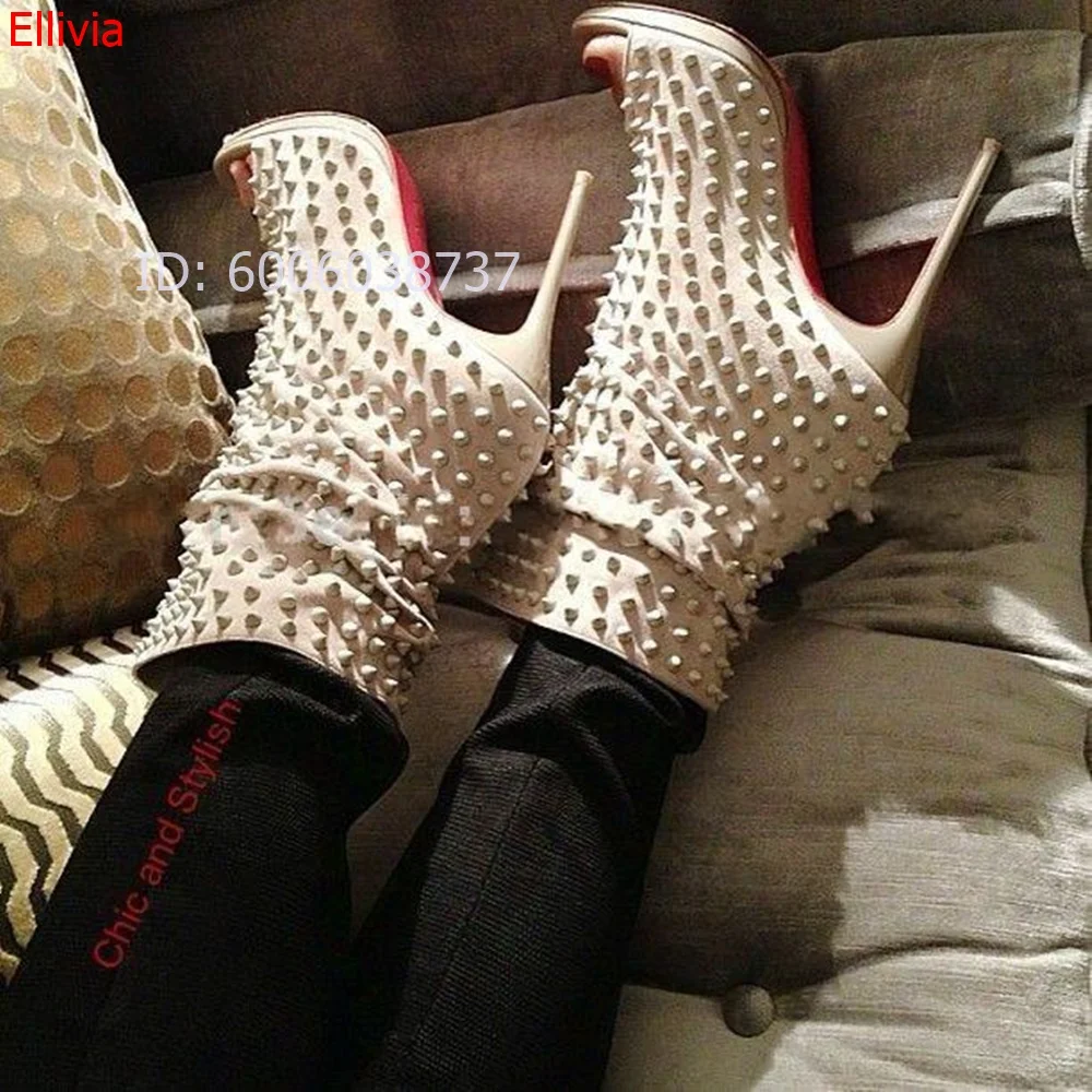 Women Peep Toe Studded Stiletto Ankle Boots Gold Spike Decor Thin Heel Open Toe Short Boots Fashion Dress Shoes Party Evening