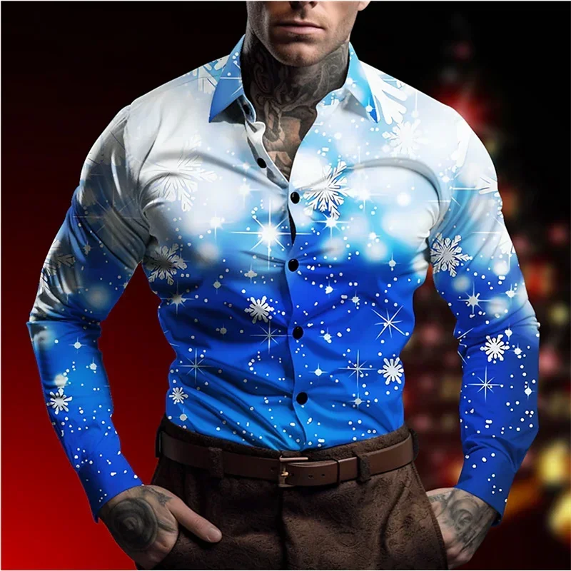 Snowflake casual men's shirt Christmas casual autumn and winter long-sleeved blue XS-6XL four-way stretch fabric shirt