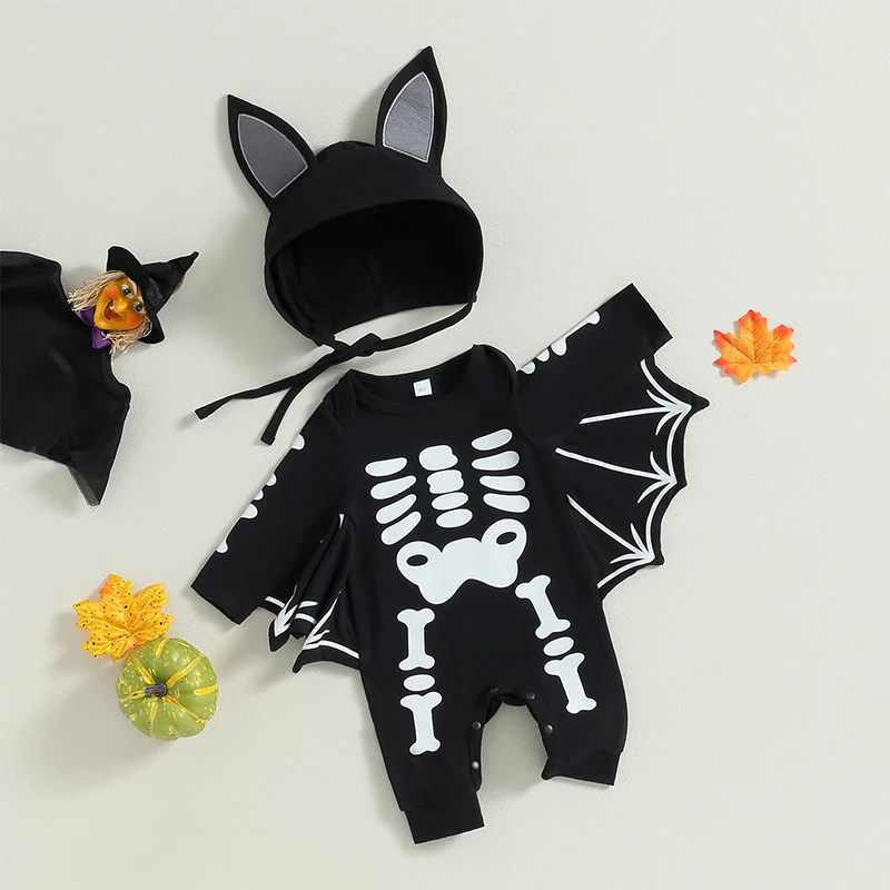 Baby Halloween Outfit Long Sleeve Crew Neck Skeleton Print Bat Jumpsuit with Hat for Girls Boys