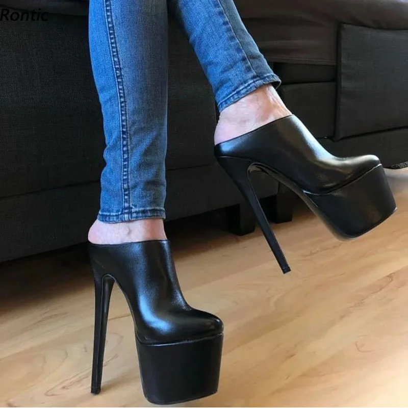 Rontic Handmade Women Platform Mules Pumps Matt Ultra High Heels Round Toe Classics Black Cosplay Shoes Ladies US Size 5-20