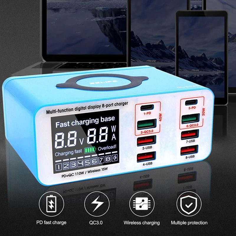 RELIFE RL-304S AC100-240V 8 Port USB szybka ładowarka wsparcie QC3.0 + PD bezprzewodowe ładowanie dla iPhone Samsung Huawei telefon Repair Tool