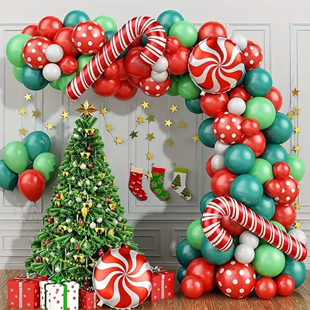 Kit de Guirnalda de Globos Rojos y Verdes de Navidad, Globos de Látex con Diseño de Caramelo de Puntos, Globos de Aluminio con Diseño de Caramelo de Puntos, Decoración para Fiestas de Navidad, Baby Shower