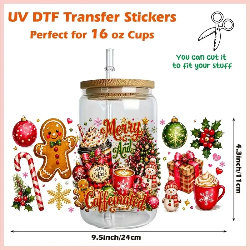 Holly Jolly Merry Christmas 16oz UV DTF Transfer Sticker Waterproof DIY Decals 3D Transfers UVDTF Sticker 16oz UV DTF Cup Wraps