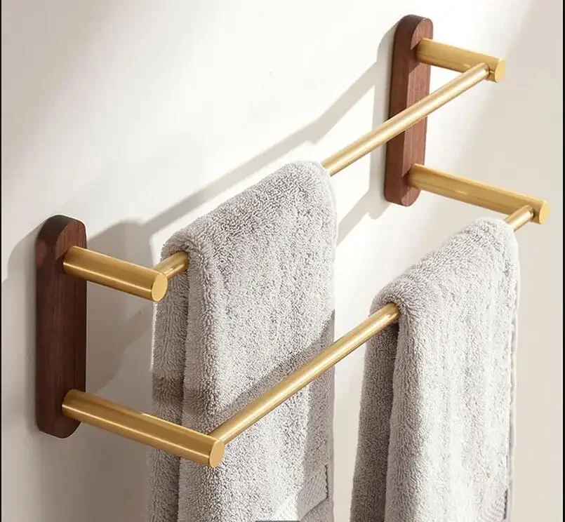 

Solid Wood Metal Towel Rack Bathroom Holder Wall Mounted Shelf Bar Double Layer Hanger Home Storage