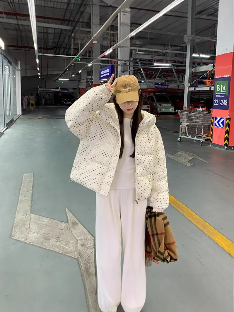 Women Parkas Hooded Print Spliced Parka Long Sleeve Zipper Cardigan Coats Loose 2025 Winter Basics Pockets Covered Button