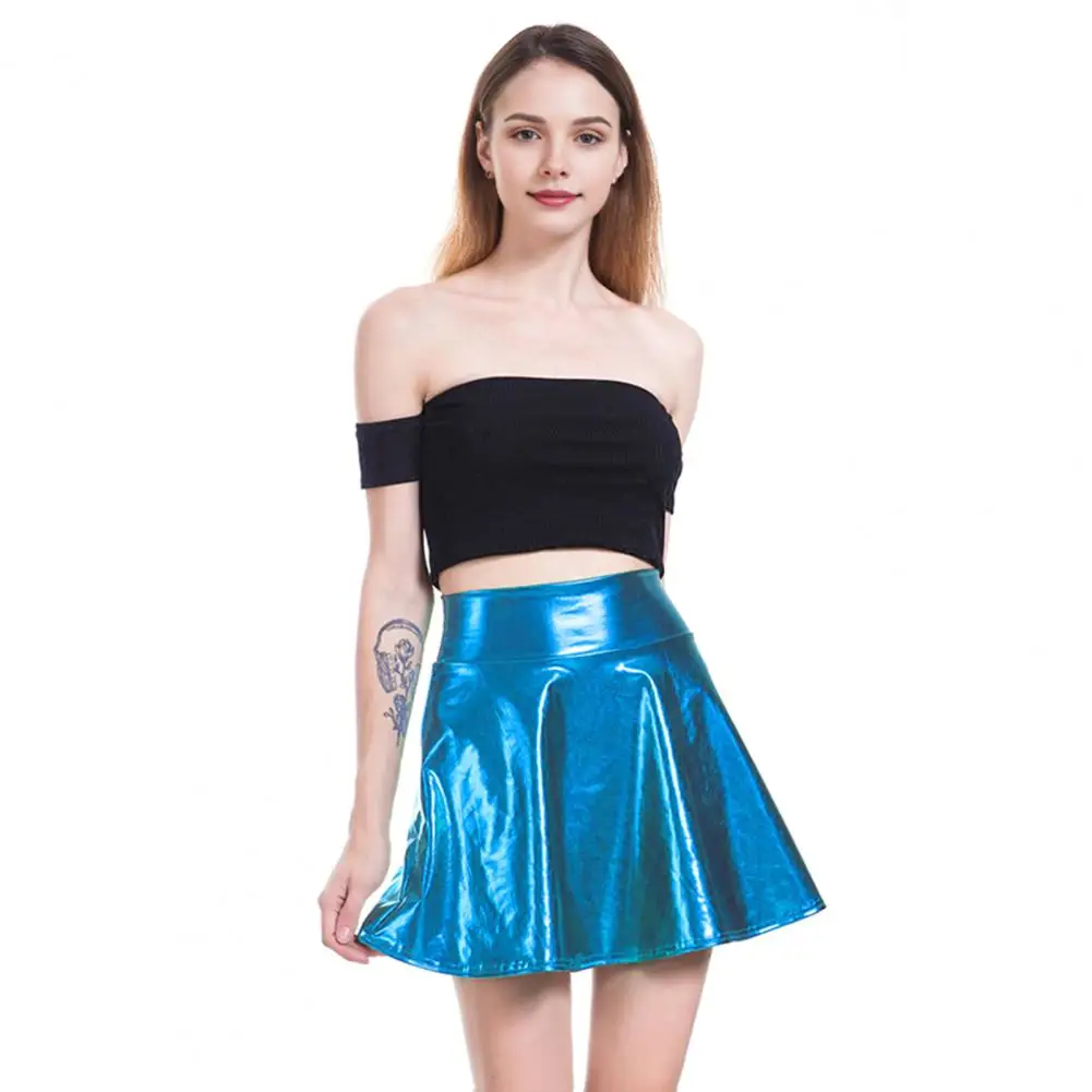 

Comfortable Mini Skirt Stylish High-waisted Mini Skirts for Women Glossy Surface A-line Hem Skater Skirt Solid Color for Stage