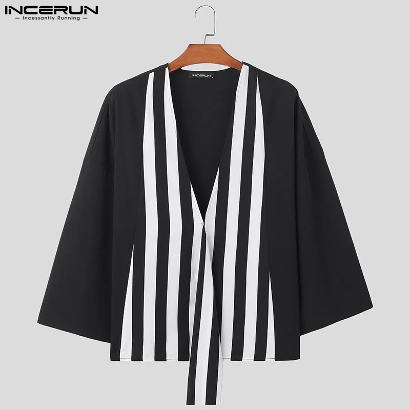 INCERUN Men Shirts Striped Patchwork V Neck Long Sleeve Casual Men Clothing Loose Streetwear Korean Style Fashion Shirts S-5XL