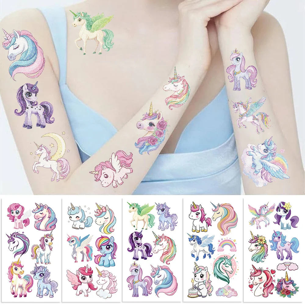 10/14 Sheets Glittering Unicorn Tattoo Stickers for Personalized Decoration, Temporary Tattoos for Children Kids