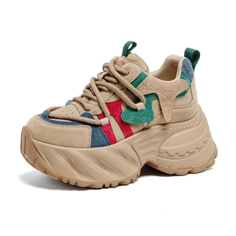 

9cm Chunky Sneakers Genuine Leather Fall Autumn Platform Sneakers for Women Heel Walking Shoes Casual Shoes Comfortable