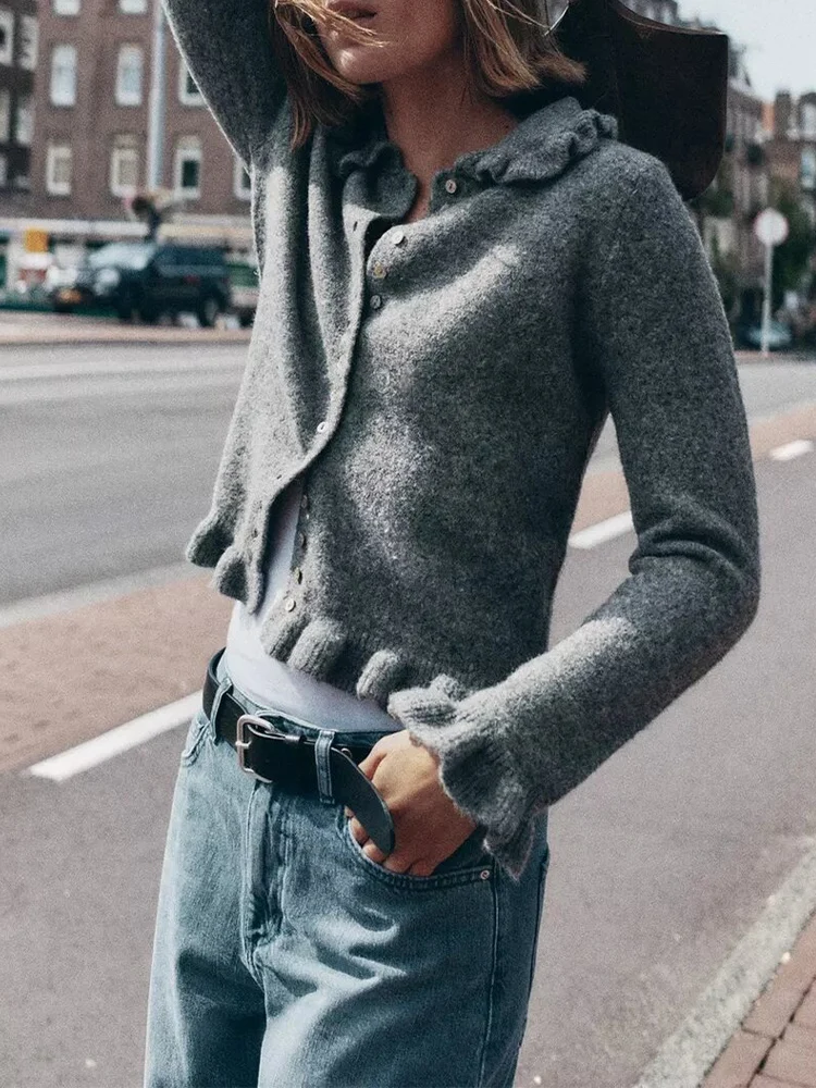 

Новый женский модный универсальный темпераментный многослойный вязаный кардиган с длинными рукавами и декоративными лацканами в европейском стиле