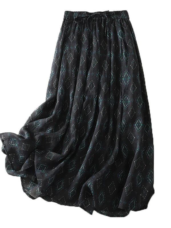 

n Sle Floral Print Cotton Linen Skirt Women's mid Waist A-Line Midi Skirt Summer New Retro Forest System Skirt