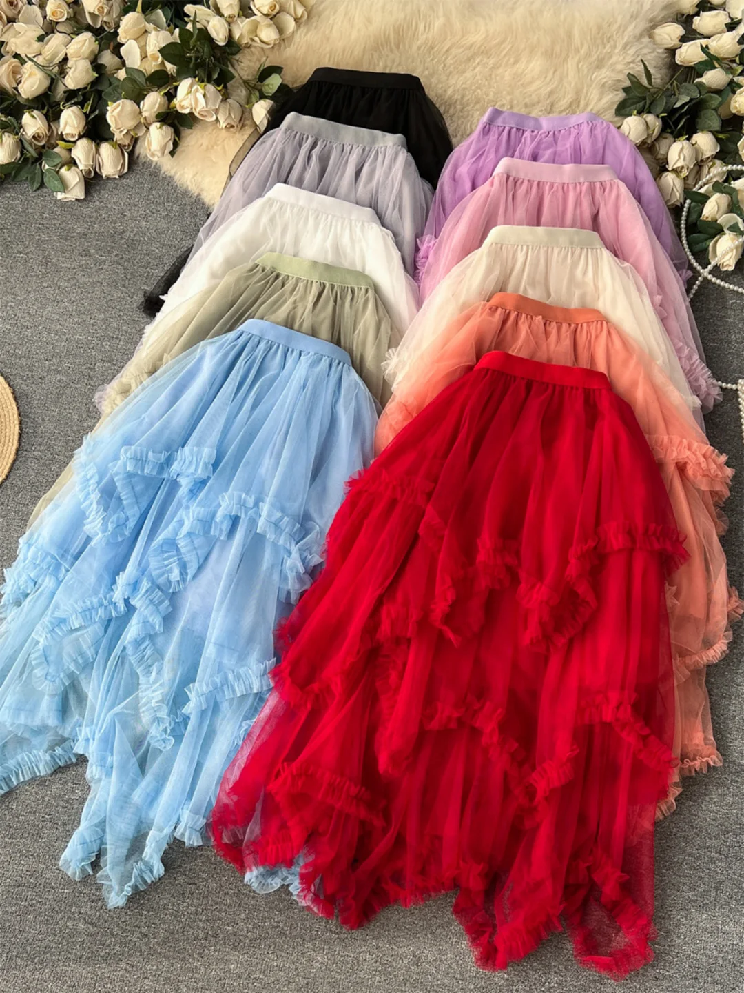 

Croysier Mesh Skirts For Women High Waist Tiered Ruffled Irregular Midi Skirt Woman Clothes Sweet Style Tulle Ball Gown Skirt