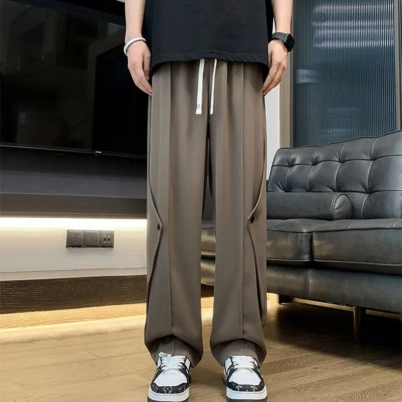Spring Casual Soft Solid Men Cool Boys Drawstring Waist  Long Wide-legged Floor-length Straight-legged Pants Irregularly Button