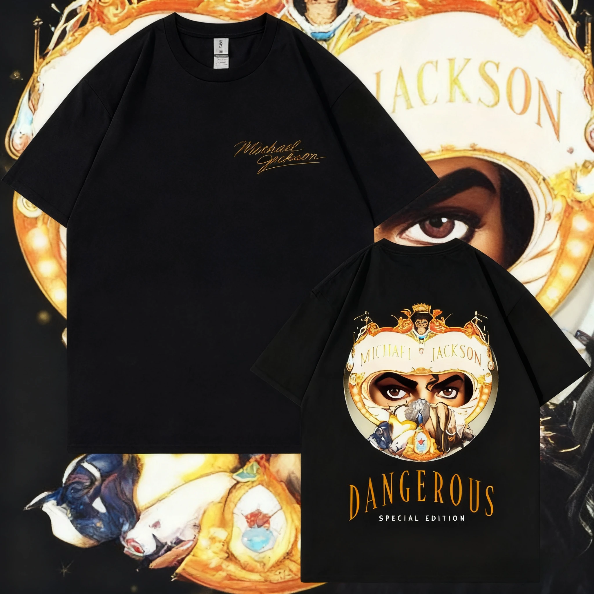 2025 الصيف مايكل جاكسون المشارك تي شيرت مع الوجهين المطبوعة الزهور الرجال القطن موضة تي شيرت الرجعية قصيرة الأكمام #1