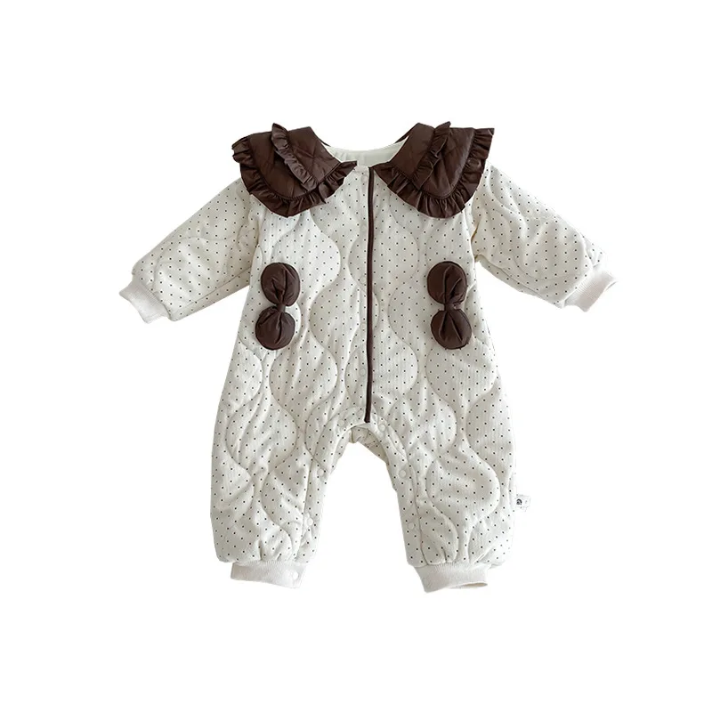 2024 Korean Autumn Winter Infant Girls Outerwear Baby Girl Solid 3D Bow Thickened Worm Romper Toddler Girls Plush Versatile Coat