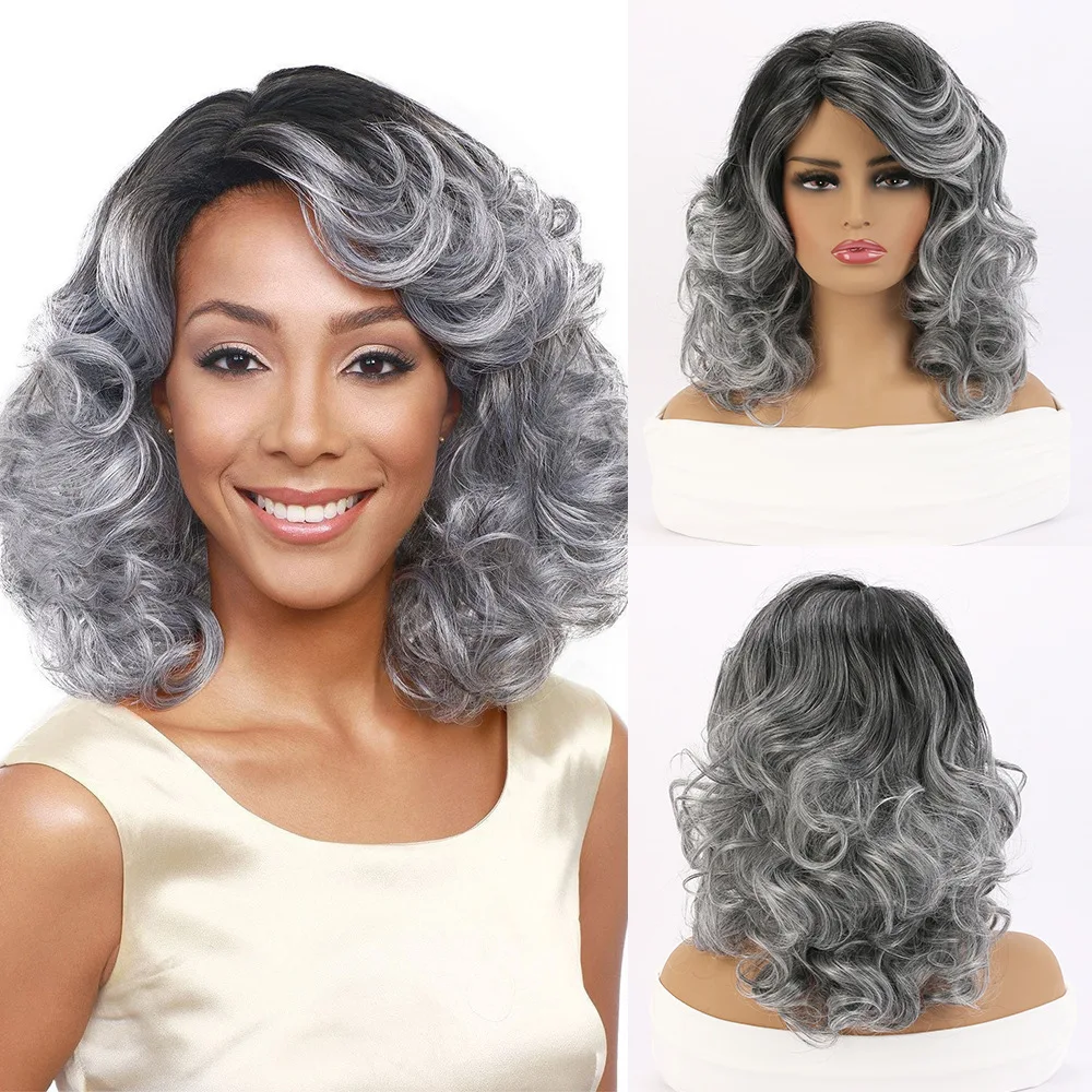 

Euro-American style wig with side-swept bangs ladies, gradient short curly synthetic wig grandma gray full headpiece daily wear
