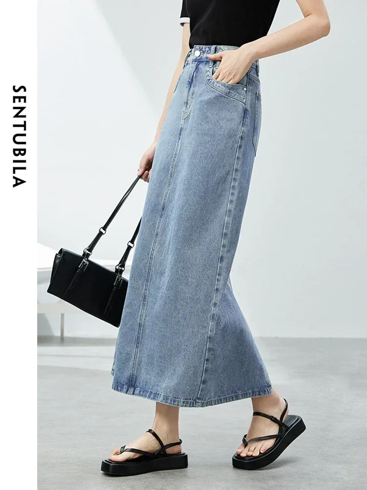 SENTUBILA Women Cotton 100% Long Denim Skirt 2024 Summer Loose Simple Straight High Waist Split Casual Maxi Skirts W42Q54692