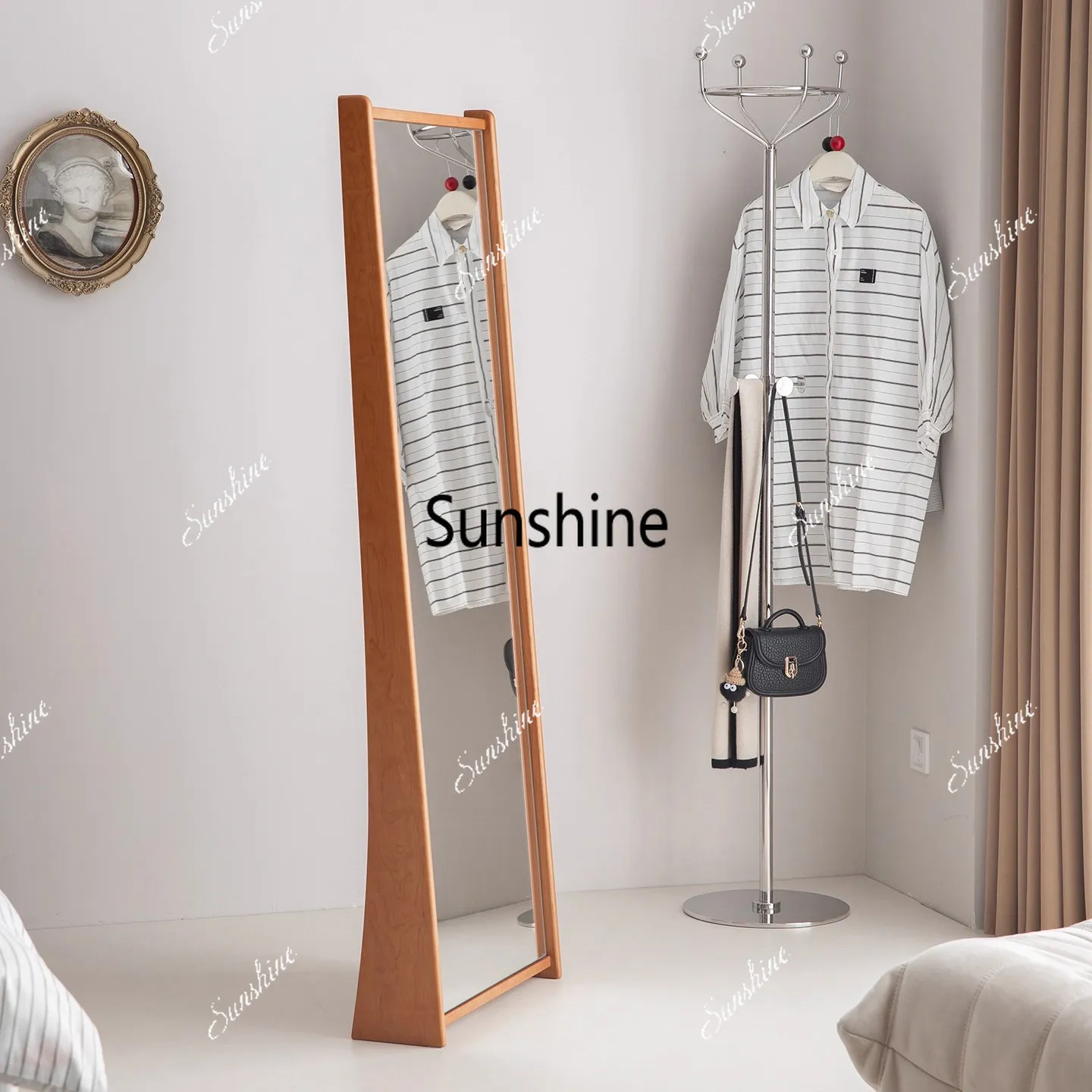 Medieval solid wood full-body mirror clothing store standing ultra-white dressing mirror