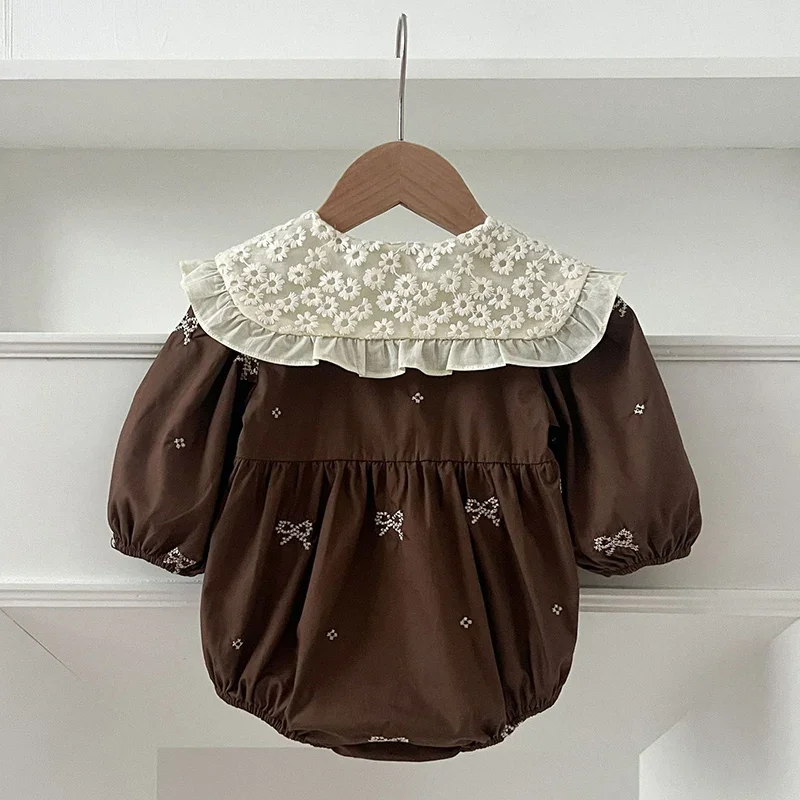 

Newborn Baby Girl Romper Lace Bow Ribbon Ruffle Jumpsuit Long Sleeve Infant Toddler Floral Onesie Spring Embroidery Baby Clothes