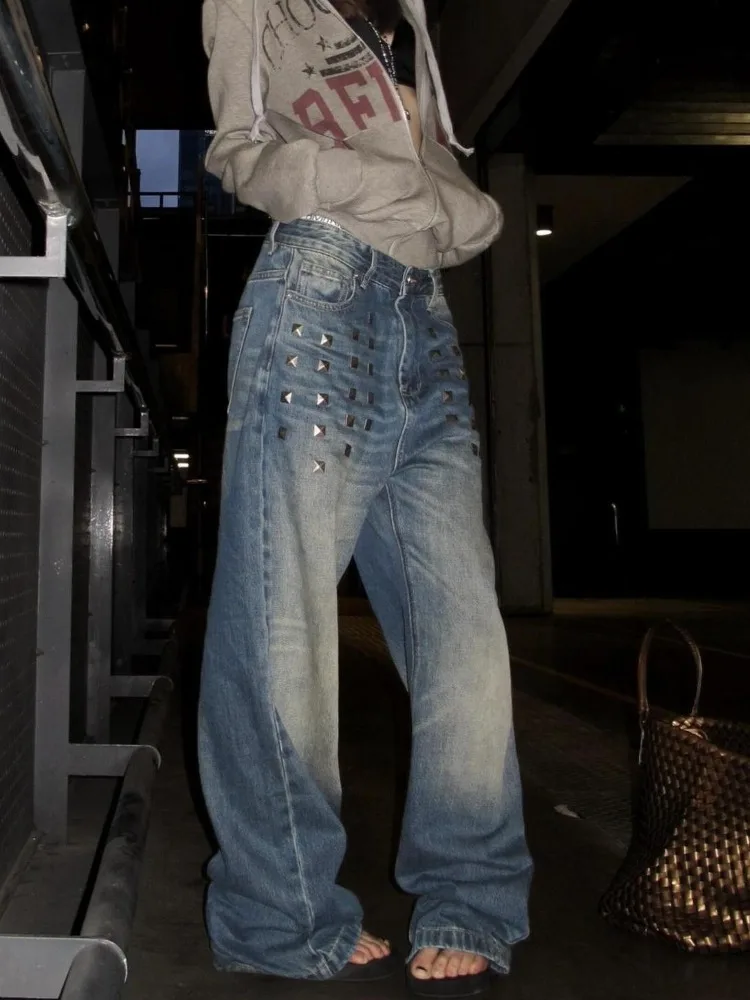 Deeptown Vintage Distressed Jeans for Women Baggy Punk Style American High Street  Wide Leg Jeans with Rivet Denim Trousers