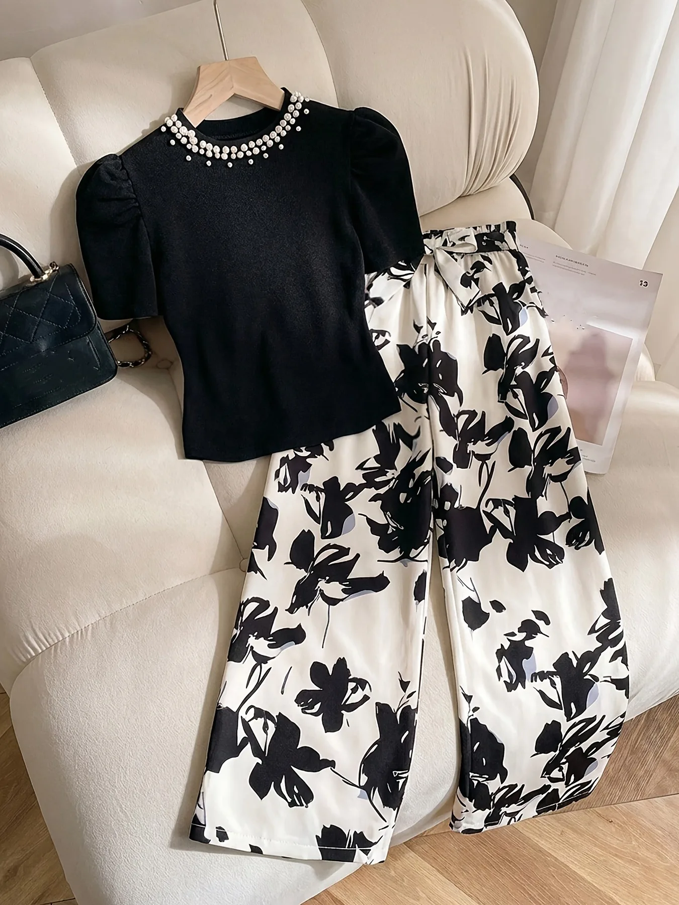 Soft Breathable Kids Girls Two Piece Co-ord Set, Decorative Pearl Neckline Puff Sleeve Top & Tie Bow Elastic Waist Floral Wide L