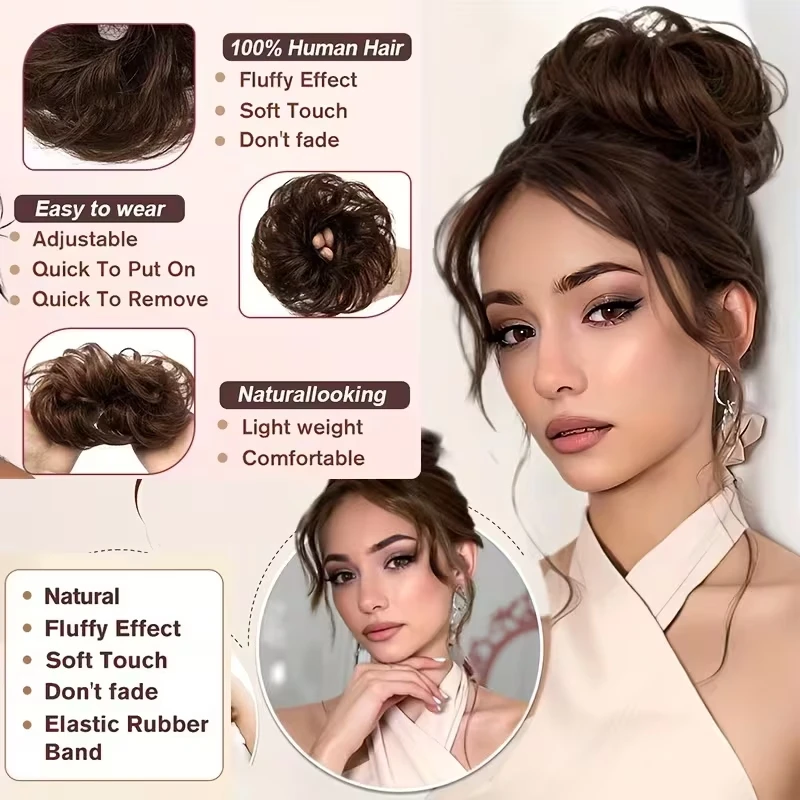 Extensiones de cabello sintético elegantes y ligeras tipo moño despeinado para mujer, moños voluminosos con ondas, fibra resistente al calor para uso diario 5