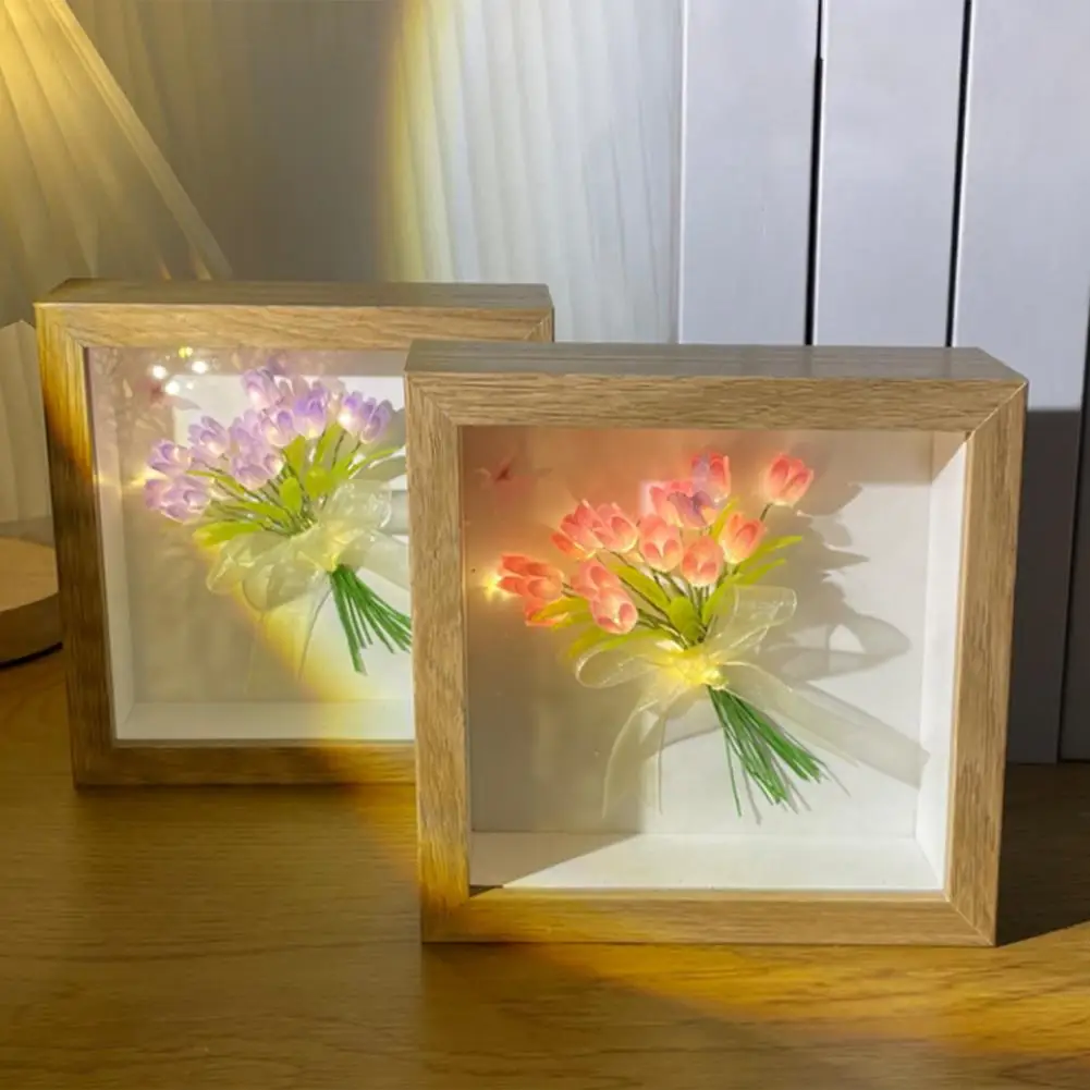 Handmade Artificial Tulip Eternal Flower Picture Frame Night Light DIY Material Bedside Sleep Light Home Ornament Birthday Gift