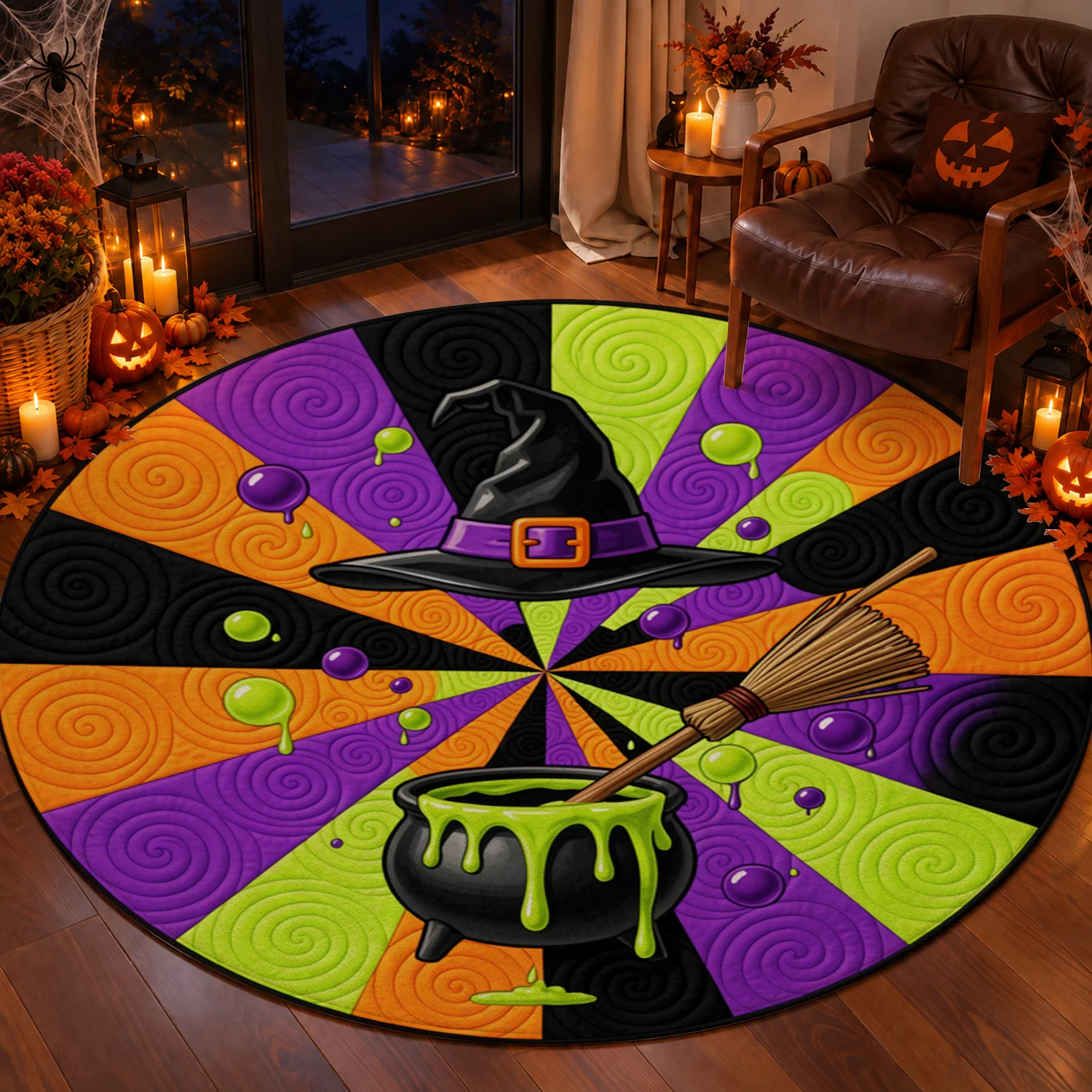 Witch Hat Cauldron Broom Spiral Pattern Round Velvet Mat Machine Washable Living Room Bedroom Kitchen Halloween Thanksgiving Black Friday Christmas New Year