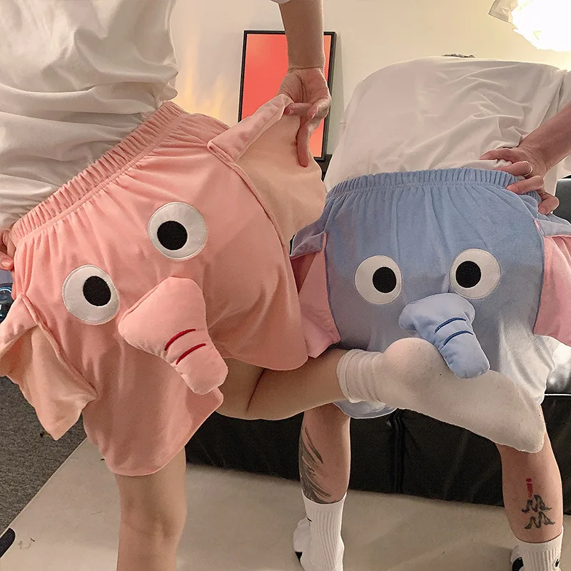 Funny Couple Pajamas Shorts Elephant Big Nose Ears Trunk Homewear Cartoon Furry Flannel Sleep Bottoms Loose Casual Loungewear