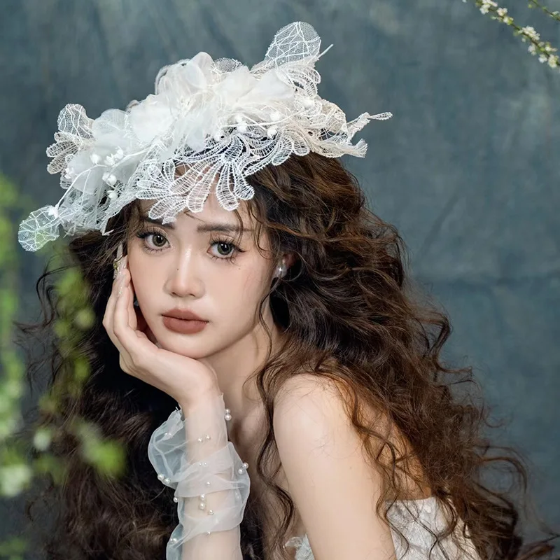 

French retro super fairy white flower mesh top hat bride premium wedding dress cheongsam versatile hat headdress