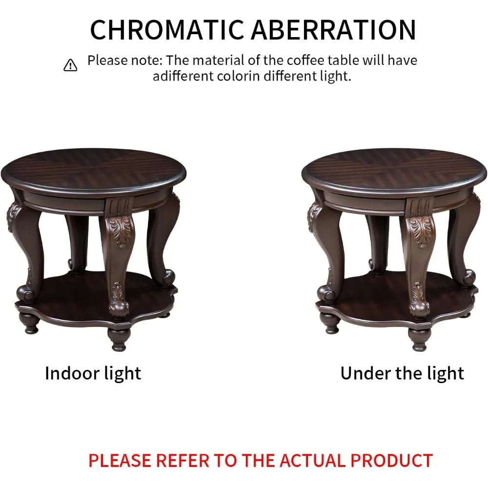 Elegancki owalny stolik kawowy z drewna espresso z miejscem do przechowywania i okrągły stolik pomocniczy do salonu w stylu farmhouse.