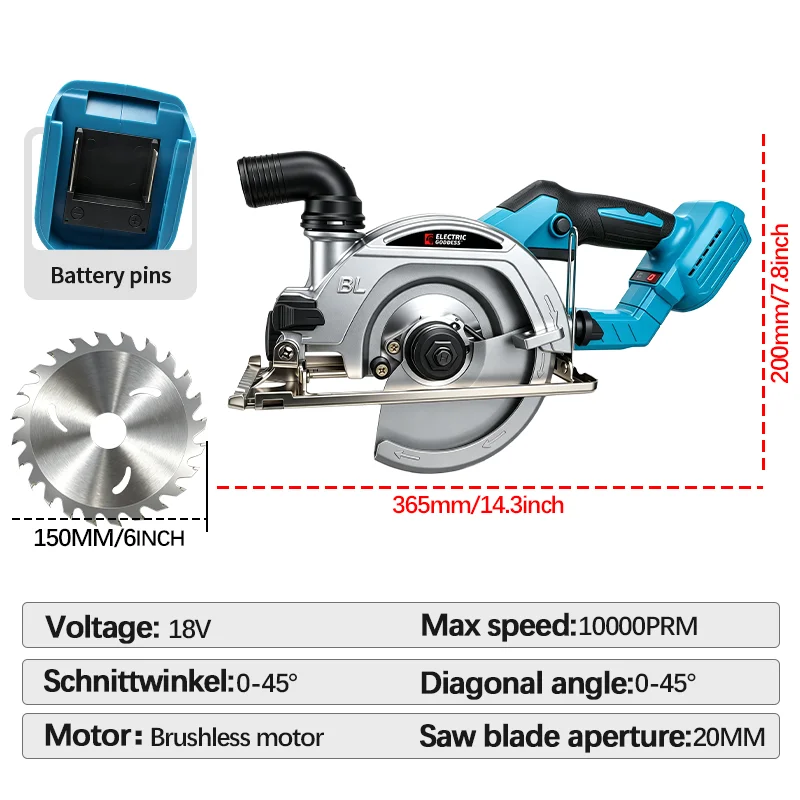 Electric Goddess 6in Brushless Electric Circular Saw Cordless Handheld Woodwork Cutting For Makita 18V Battery ﻿﻿Pin