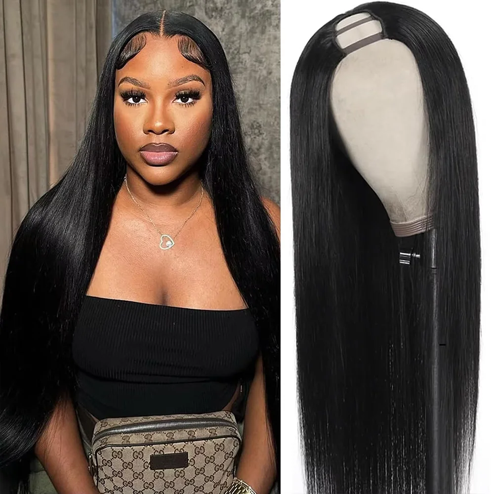 U Part Wigs Human Hair 100%Straight Human Hair Wigs No Leave Out No Sew-In Glueless 220 Density Natural Black Beginner Friendly