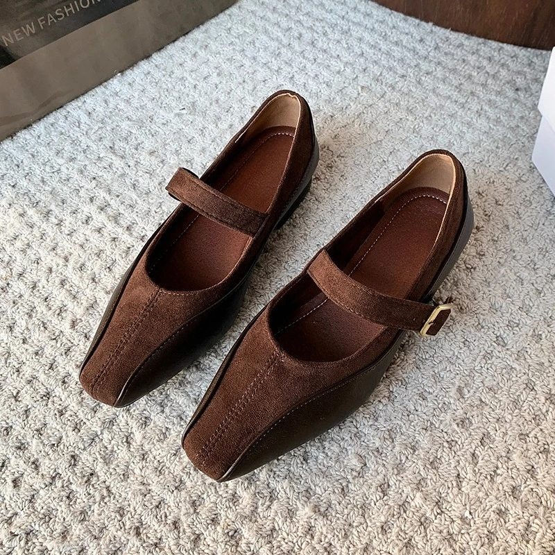 Fashion Spliced One Strap Soft Sole Anti-slip Wear-resistant Low Heel Shoes New Square Toe Shoes for Autumn
