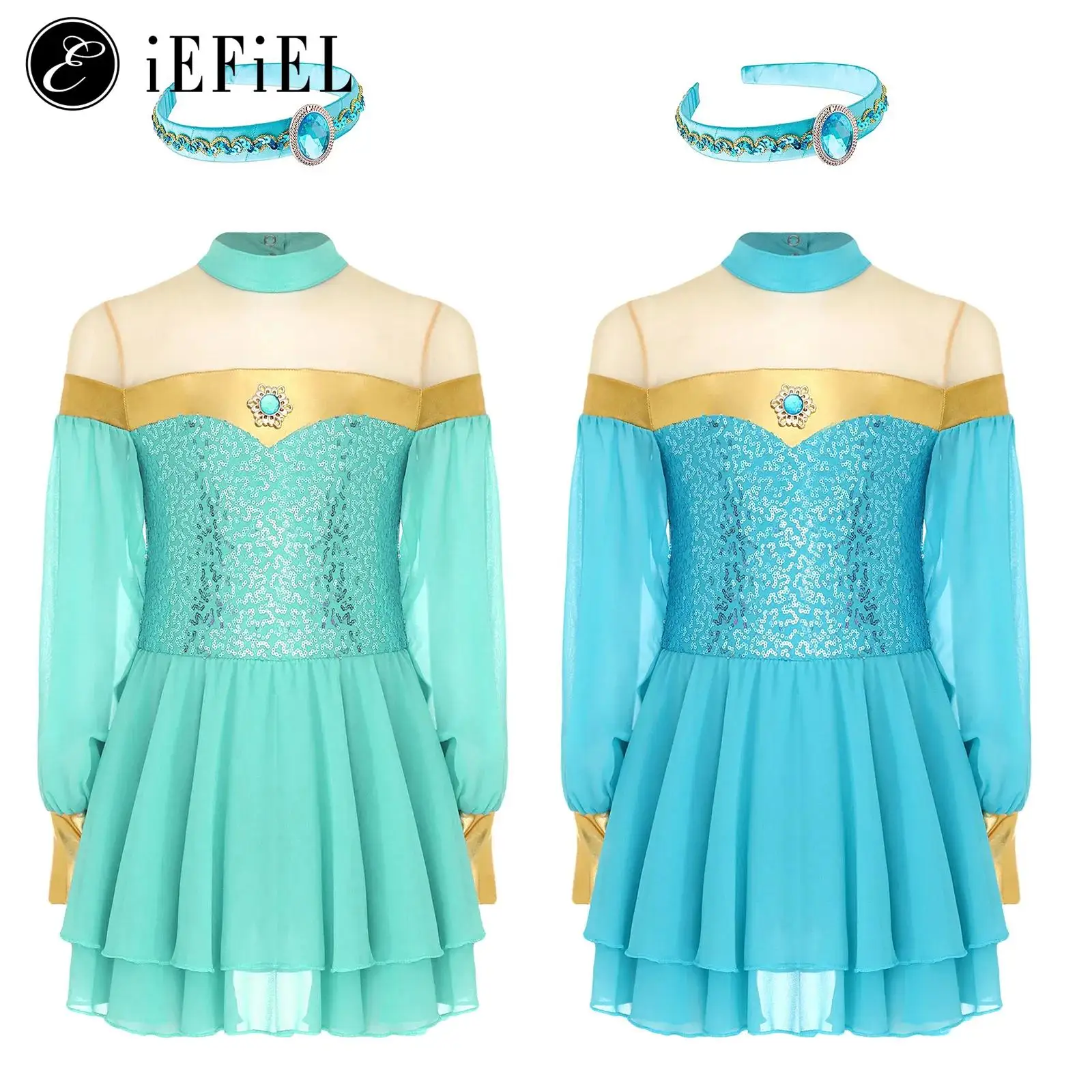 Disfraz de princesa árabe para niñas, disfraz de Halloween, vestido de baile de manga larga simulado con lentejuelas y diadema para fiesta de Carnaval