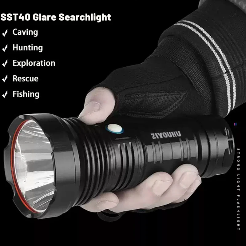 New T40 Power LED Long Range Flashlight Extended Battery Chargeable for Outdoor Patrol Emergency Fire Glare 5 Switch Flashlight