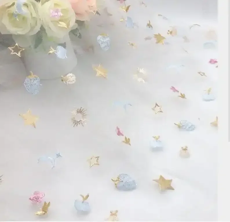 1 Yard Star moon Fruit Embroidery Lace Fabric Gold moon Star Floral Tulle For Tutu Dress, wedding dress, prom dresses 51